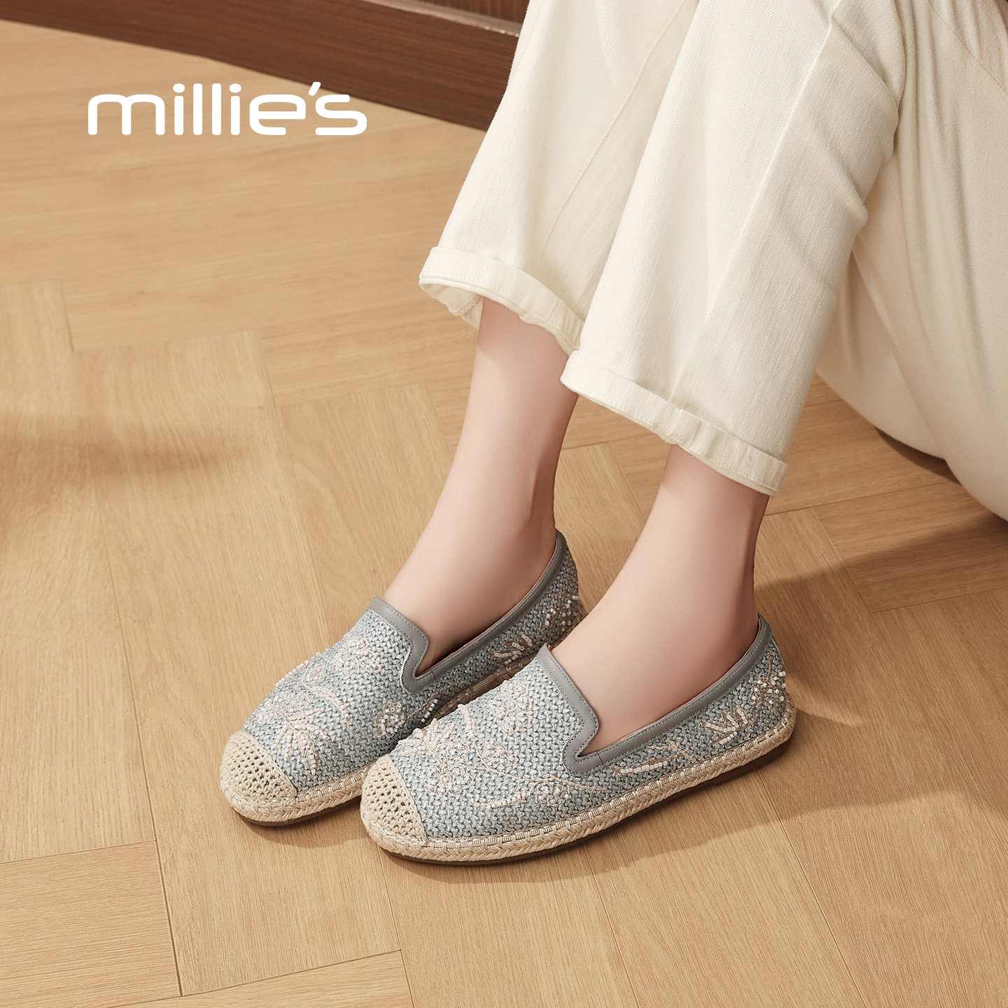 MILLIE'S/妙丽休闲风编织渔夫鞋女一脚蹬平底透气帆布鞋舒适单鞋,女鞋,帆布鞋,淘宝优惠券,粉丝福利购,淘宝优惠卷