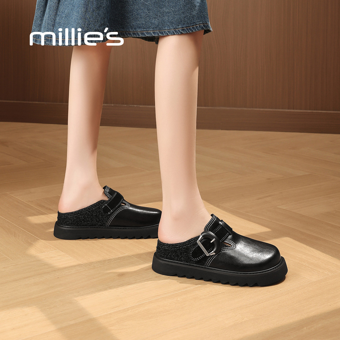 MILLIE'S/妙丽厚底勃肯鞋女款黑色时尚包头加绒半拖一脚蹬休闲鞋