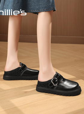MILLIE'S/妙丽厚底勃肯鞋女款黑色时尚包头加绒半拖一脚蹬休闲鞋
