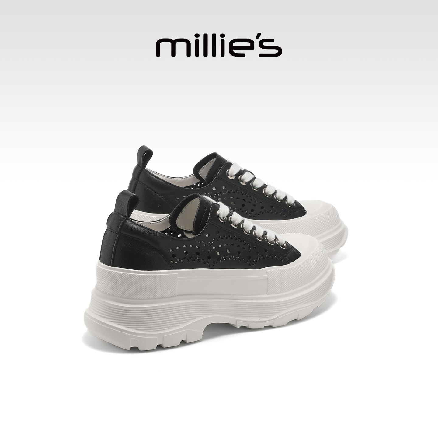 MILLIE'S/妙丽黑白拼色厚底板鞋2026夏季新款小个子增高休闲女鞋