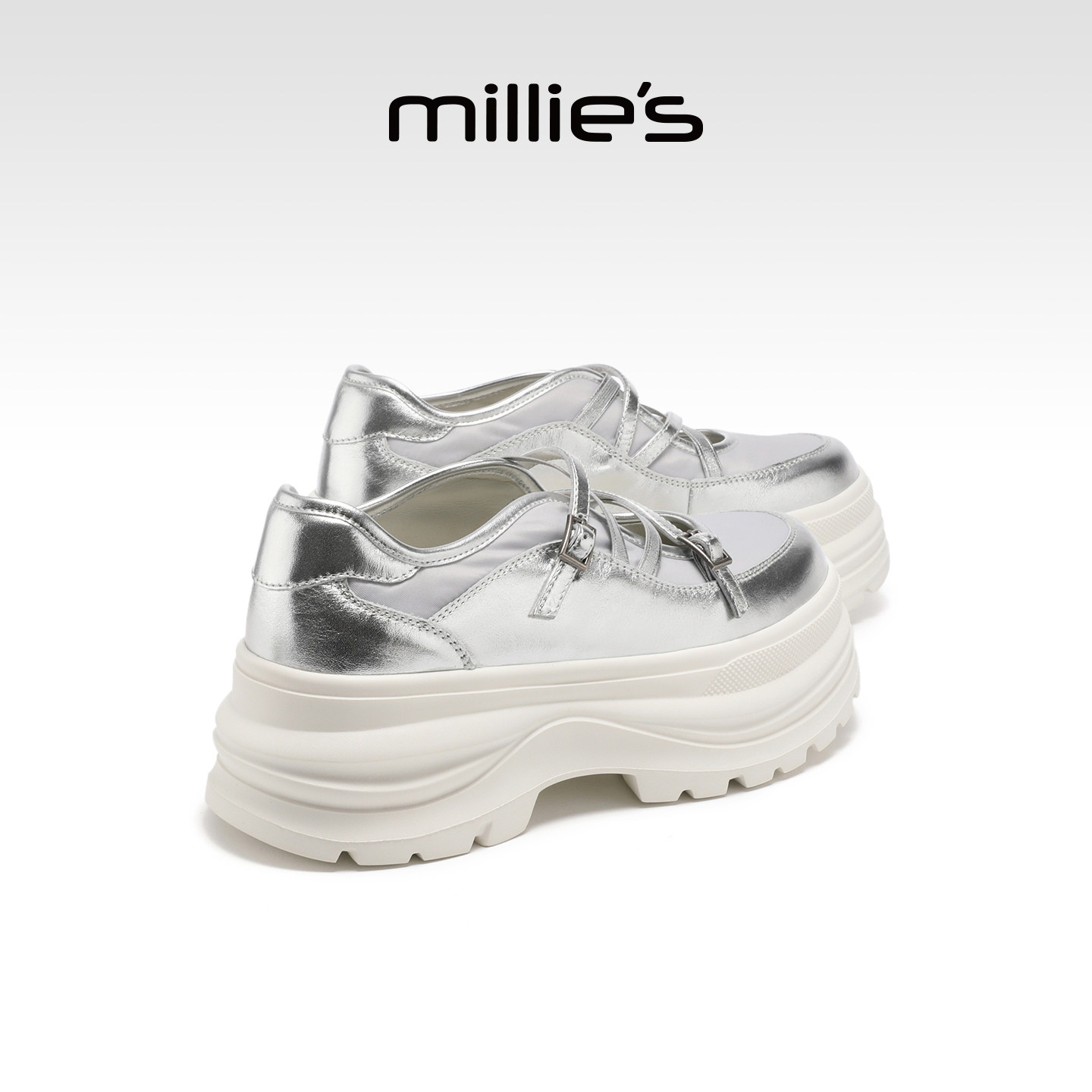 MILLIE'S/妙丽银色厚底复古老爹鞋女款增高时尚单鞋2026春夏新款