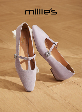 millies妙丽女鞋中跟丁字扣单鞋2025新款紫色仙女风浅口玛丽珍鞋