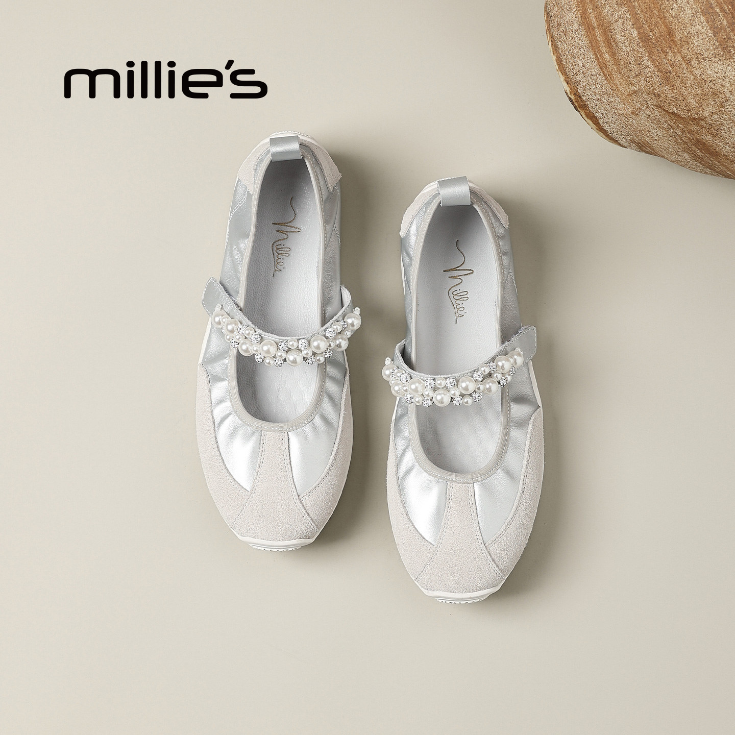 MILLIE'S/妙丽法式芭蕾玛丽珍鞋女款珍珠一字扣带银灰色平底单鞋,女鞋,时尚芭蕾鞋,淘宝优惠券,粉丝福利购,淘宝优惠卷