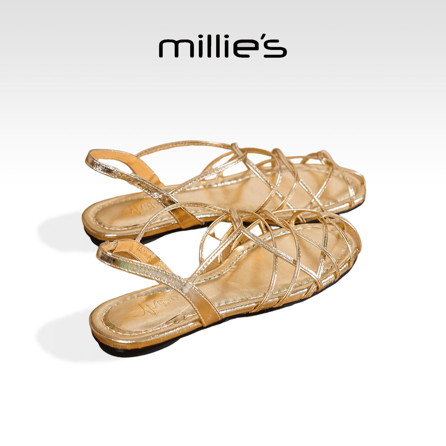 MILLIE'S/妙丽透气镂空编织平底罗马凉鞋女金色绑带2026夏季新款