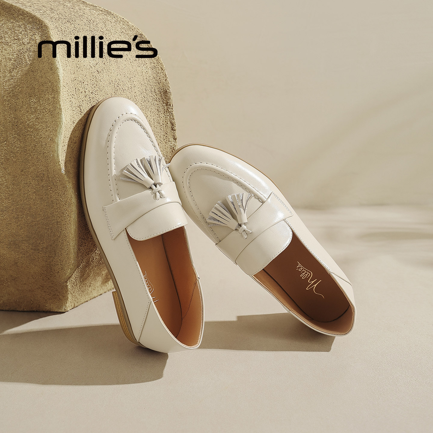 MILLIE'S/妙丽老钱风真皮乐福鞋豆豆鞋米白色平底单鞋女春夏新款