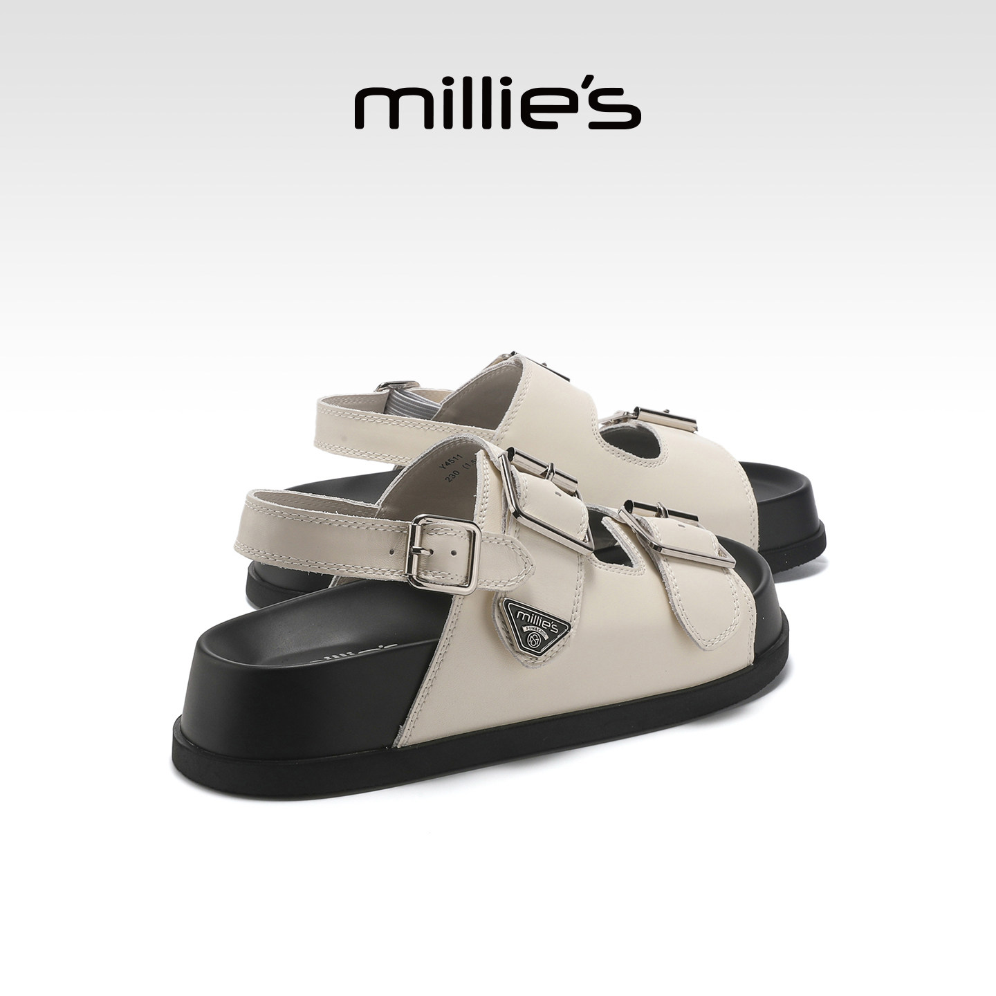 MILLIE'S/妙丽白色牛皮罗马凉鞋女2026夏季百搭皮带扣露趾厚底鞋