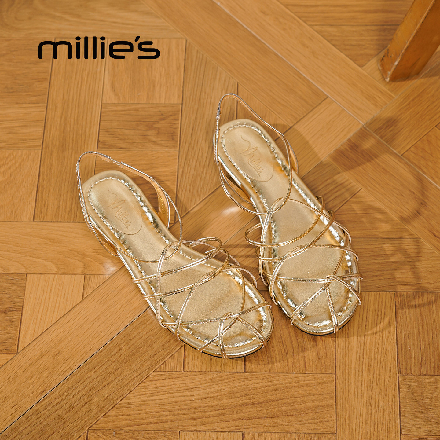 MILLIE'S/妙丽编织细带交叉绑带金色平底凉鞋罗马风2026夏季新款