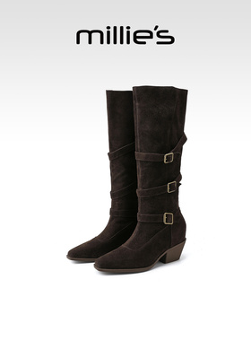 millies妙丽靴子加绒骑士靴女靴2025年冬季新款美拉德风高跟长靴