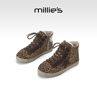 MILLIE'S/妙丽豹纹高帮棉鞋女冬季新款加绒保暖系带软底轻便板鞋