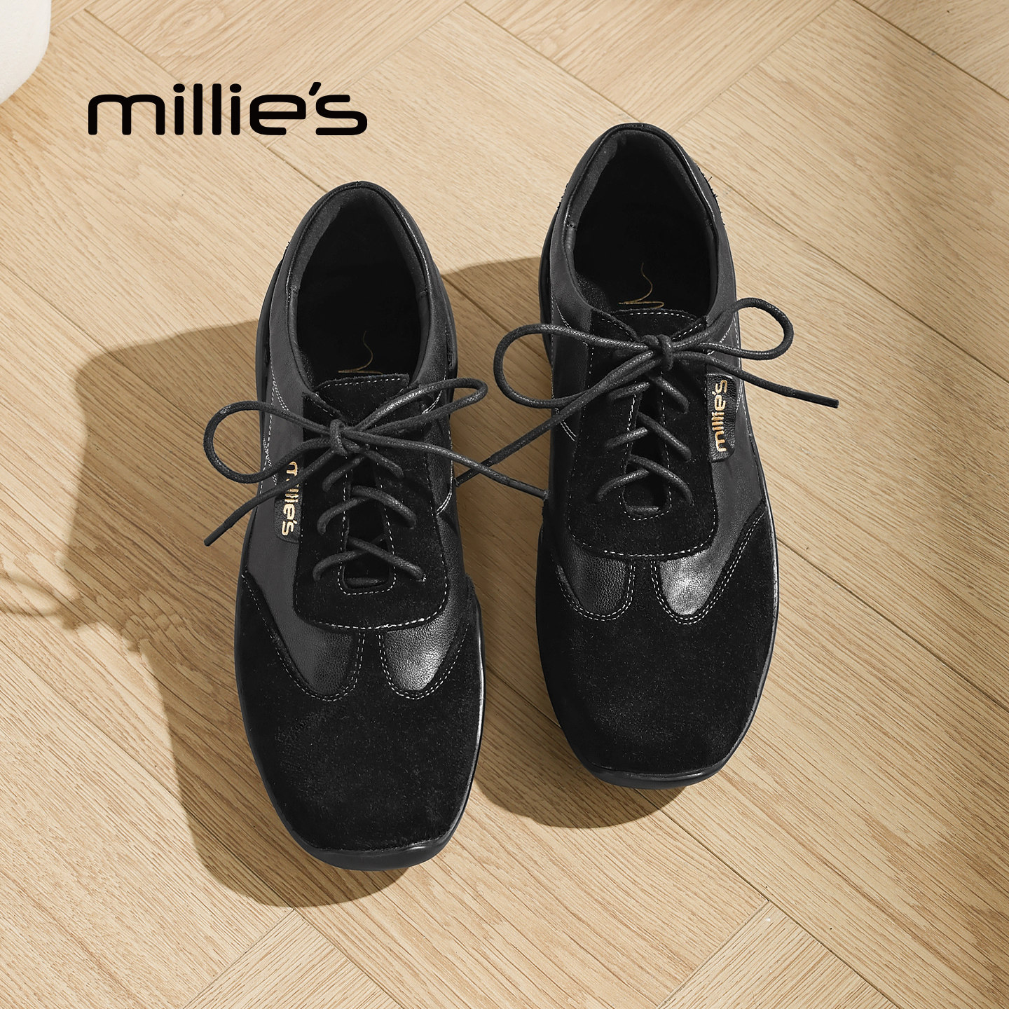 MILLIE'S/妙丽黑色软皮拼接德训鞋女款系带舒适小众设计深口单鞋,女鞋,德训鞋,淘宝优惠券,粉丝福利购,淘宝优惠卷