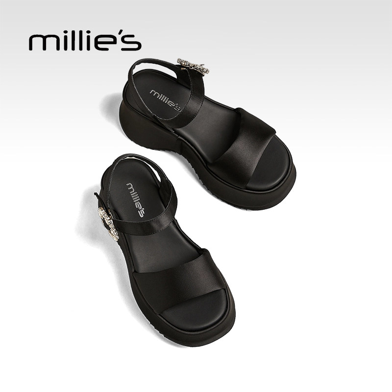 MILLIE'S/妙丽厚底凉鞋女黑色轻便不累脚露趾休闲鞋女鞋夏季新款