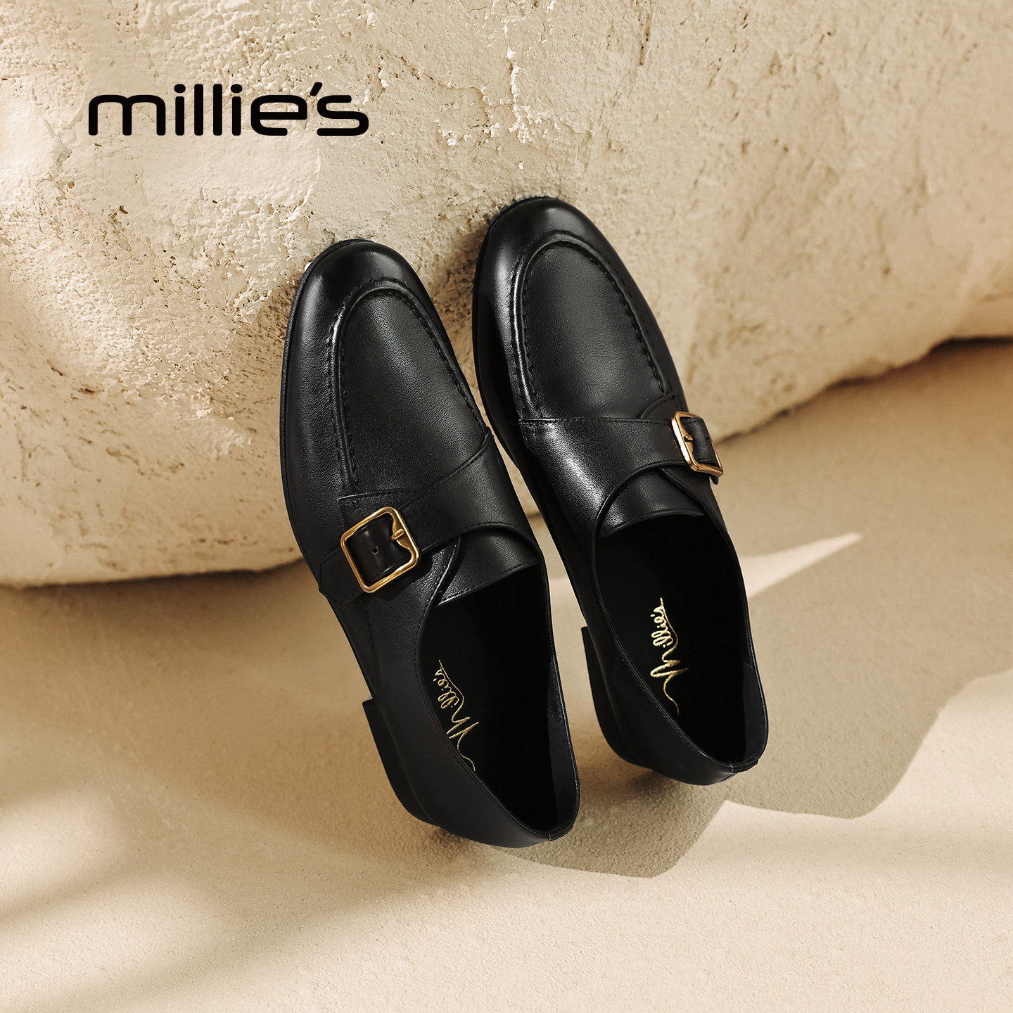 MILLIE'S/妙丽黑色皮带扣乐福鞋女款通勤风气质软底真牛皮小皮鞋,女鞋,牛津鞋/布洛克鞋/德比鞋,淘宝优惠券,粉丝福利购,淘宝优惠卷