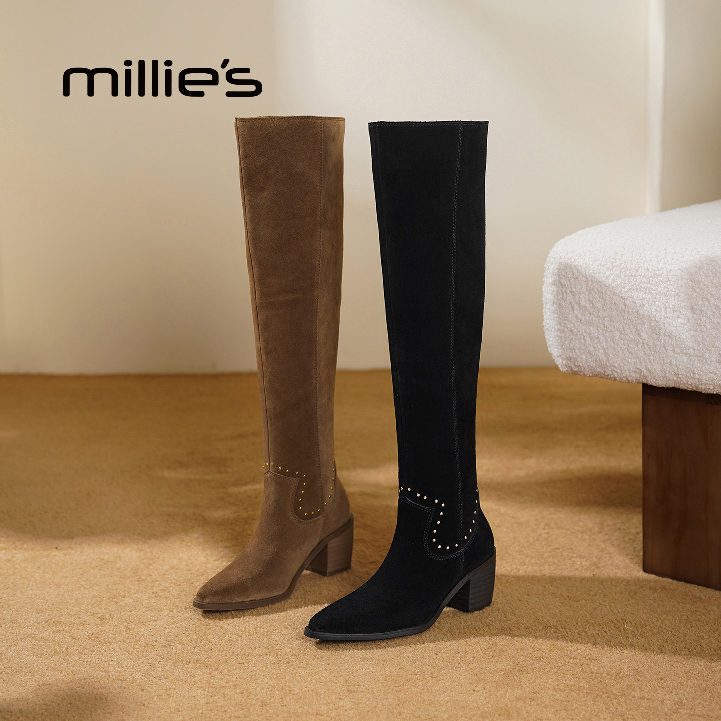 millies妙丽尖头粗跟过膝长筒靴