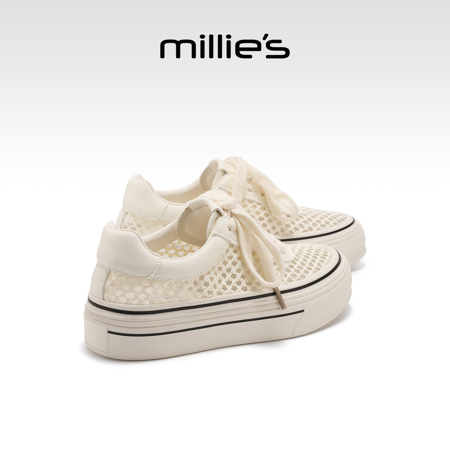 MILLIE'S/妙丽网面透气厚底帆布鞋女款夏季新款低帮休闲小白板鞋