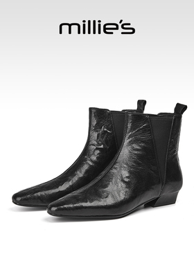 millies妙丽切尔西靴子女2025冬季新款加绒尖头踝靴瘦瘦靴马丁靴