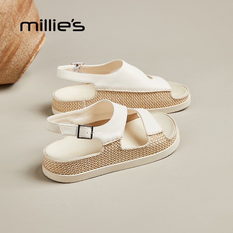 millies妙丽凉鞋女款夏季外穿厚底上班不累脚配裙子编织露趾舒适