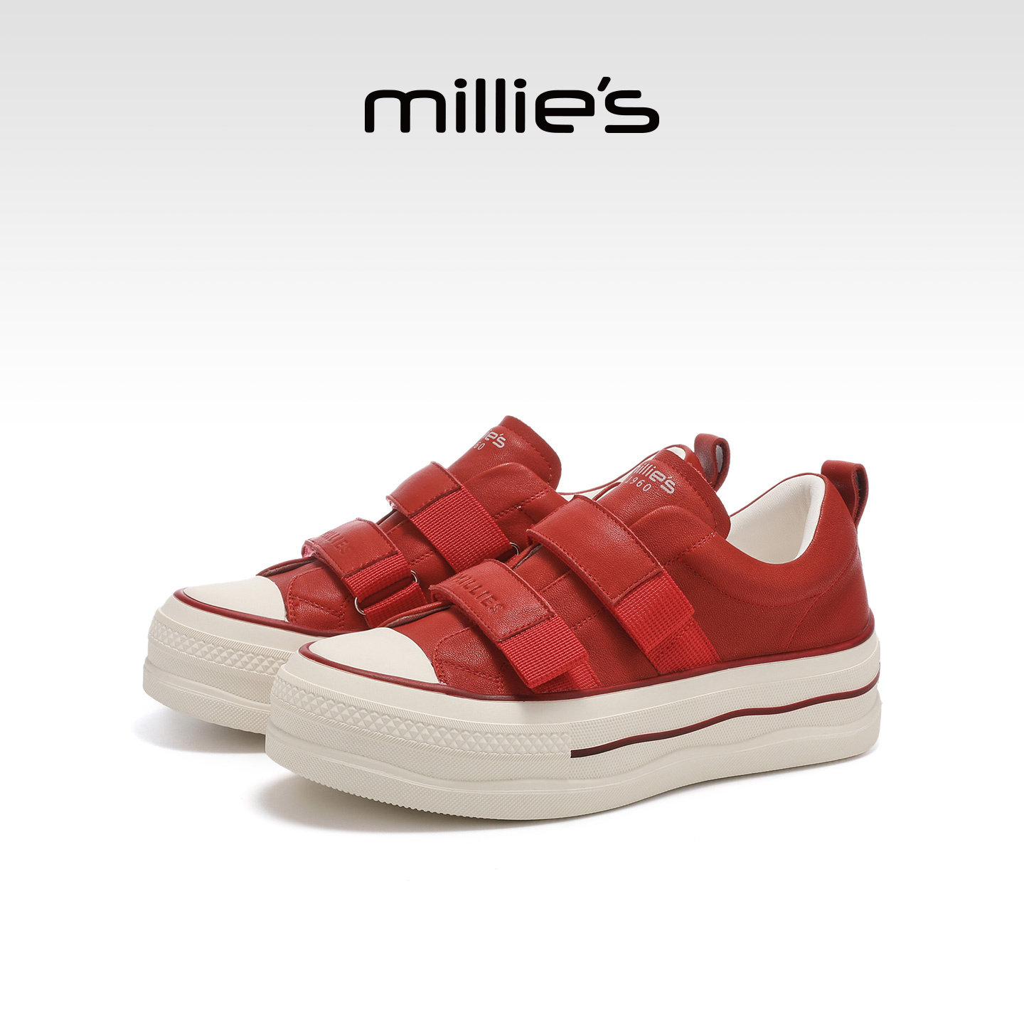 MILLIE'S/妙丽红白拼色时尚休闲鞋女款牛皮厚底板鞋2026春节新款,女鞋,休闲板鞋,淘宝优惠券,粉丝福利购,淘宝优惠卷