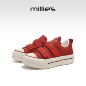 新款 妙丽时尚 女款 MILLIE 2026春季 红色休闲帆布鞋 牛皮厚底板鞋