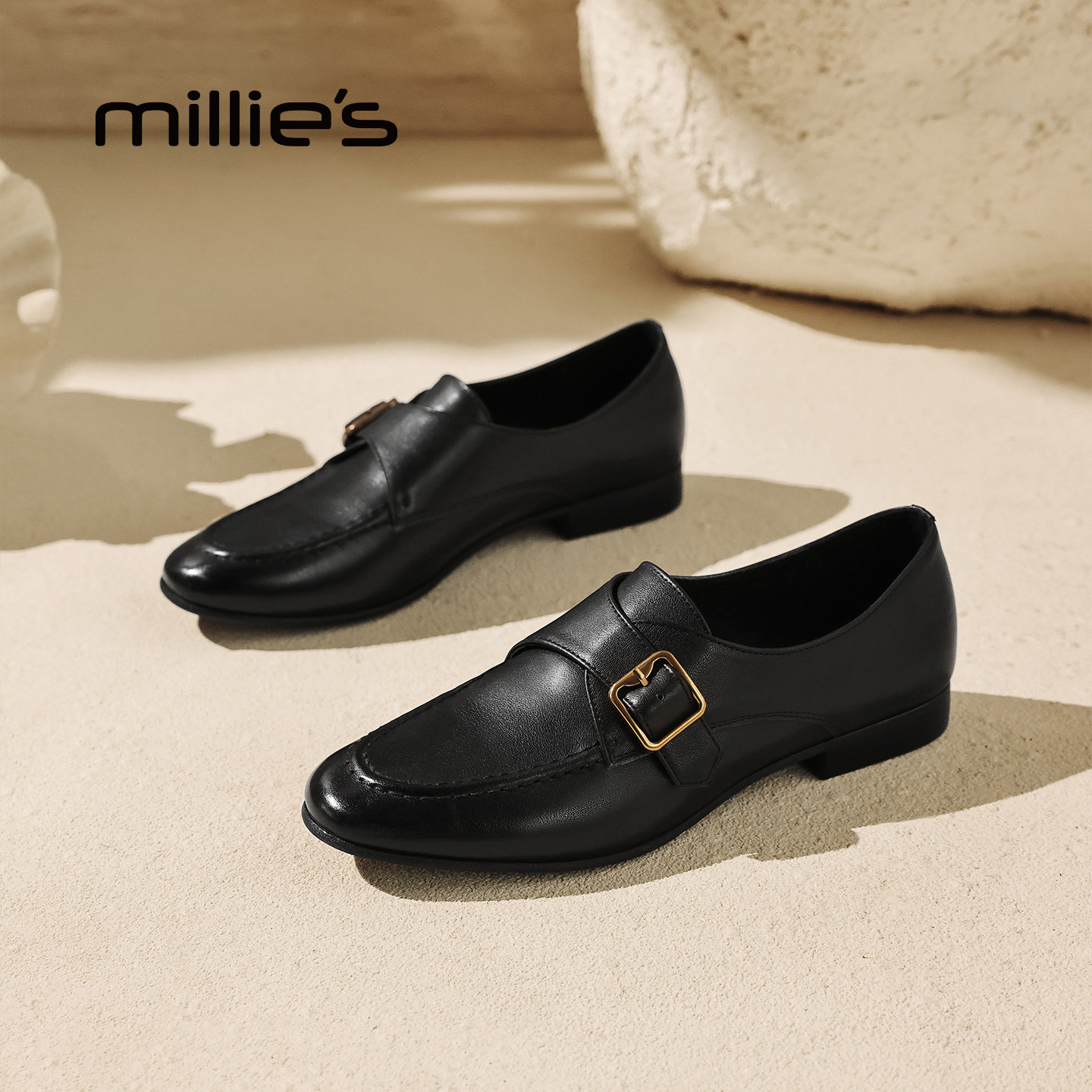 MILLIE'S/妙丽黑色皮带扣乐福鞋女通勤风老钱风百搭单鞋春季新款