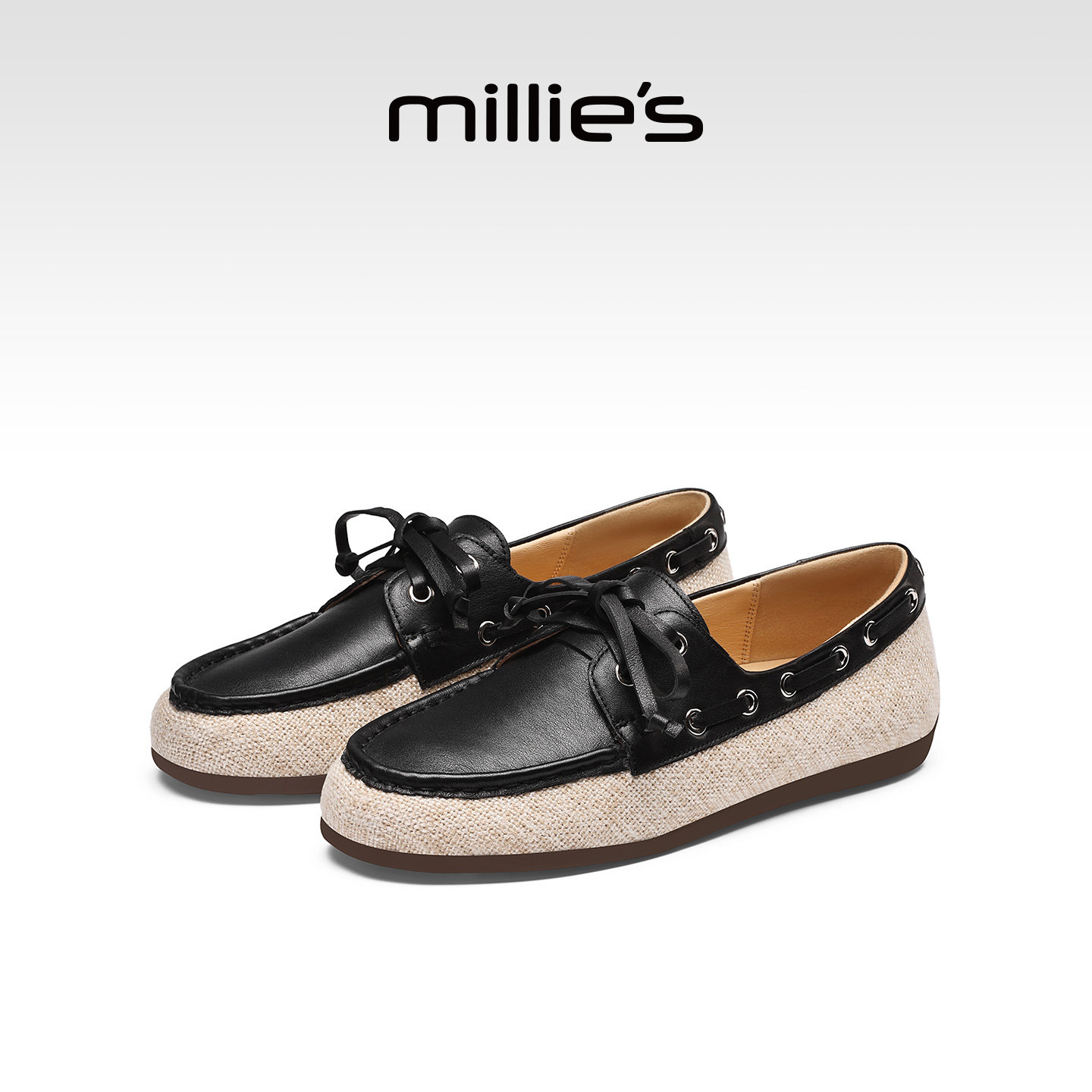 MILLIE'S/妙丽复古风真皮系带乐福鞋女款黑色厚底休闲豆豆鞋单鞋,女鞋,乐福鞋（豆豆鞋）,淘宝优惠券,粉丝福利购,淘宝优惠卷