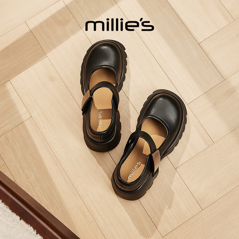 MILLIE'S/妙丽2025秋季新款真皮厚底玛丽珍鞋女JK单鞋乐福鞋单鞋
