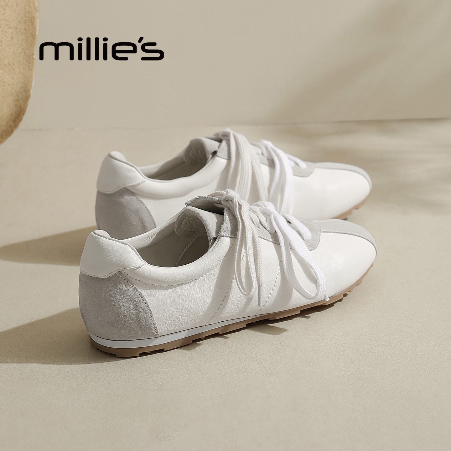 MILLIE'S/妙丽复古德训鞋女白色真皮软底舒适百搭休闲鞋春夏新款