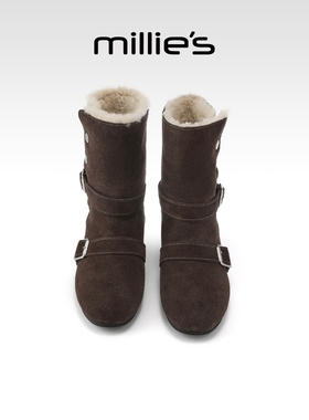 millies妙丽加绒雪地靴女冬季皮带扣厚底加绒保暖棉靴加厚小短靴