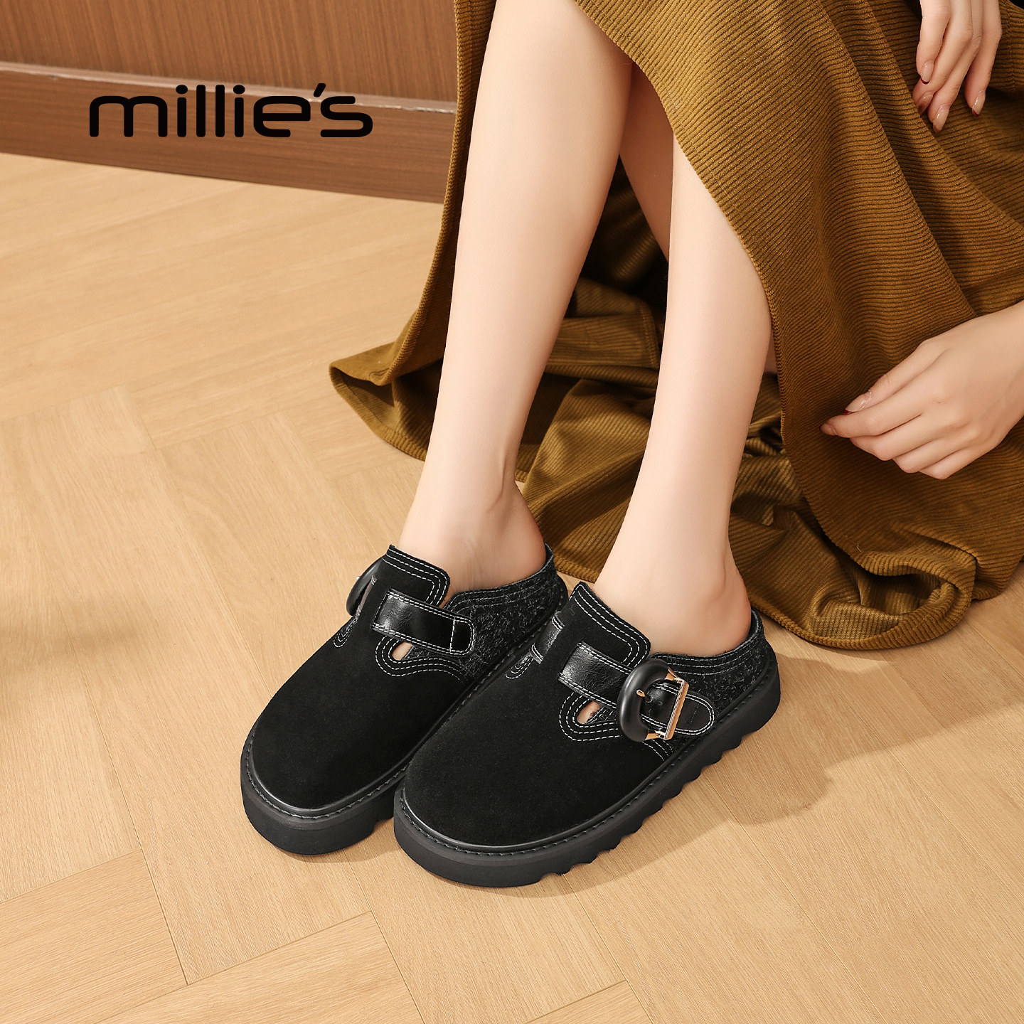 MILLIE'S/妙丽真皮勃肯鞋女款包头拖鞋厚底加绒懒人鞋黑色半拖鞋