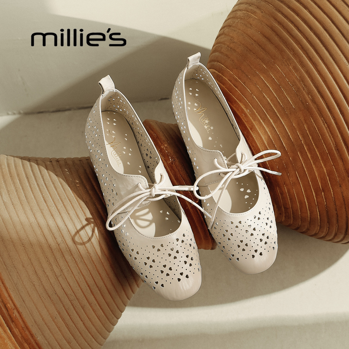 MILLIE'S/妙丽真皮镂空浅口单鞋平底内增高法式复古2026春季新款,女鞋,浅口单鞋,淘宝优惠券,粉丝福利购,淘宝优惠卷