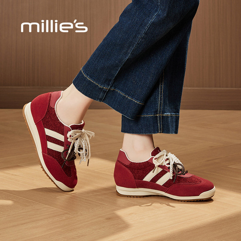 millies妙丽圆头红色德训鞋女2025春秋双色交叉绑带小众别致时尚,女鞋,时尚休闲鞋,淘宝优惠券,粉丝福利购,淘宝优惠卷