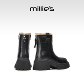 MILLIE 加绒英伦风兔毛短靴 新款 妙丽粗跟厚底马丁靴女靴子冬季