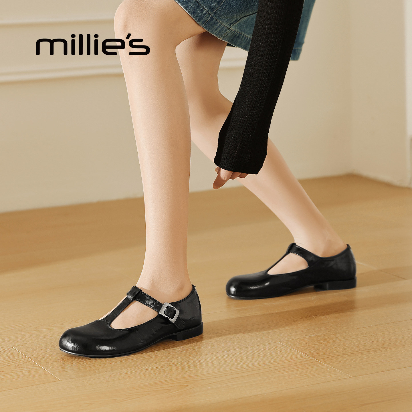 MILLIE'S/妙丽圆头玛丽珍鞋女黑色丁字带平底百搭通勤单鞋温柔风,女鞋,浅口单鞋,淘宝优惠券,粉丝福利购,淘宝优惠卷