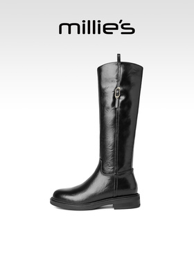 millies妙丽长筒靴女高级感真皮2025冬新款高筒不过膝骑士靴加绒