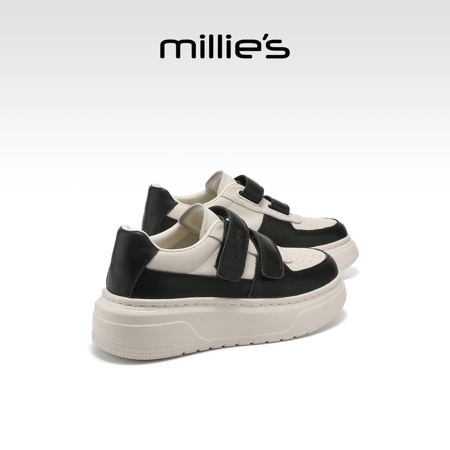 MILLIE'S/妙丽厚底休闲鞋女魔术贴黑白板鞋小个子简约风春季新款
