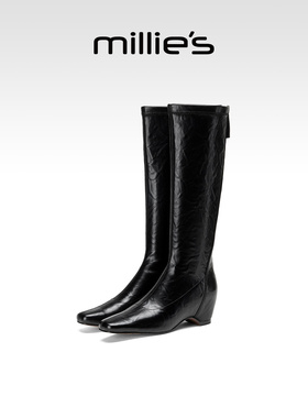 millies妙丽女鞋2025年新款时尚百搭舒适加绒长筒靴方头粗跟女靴