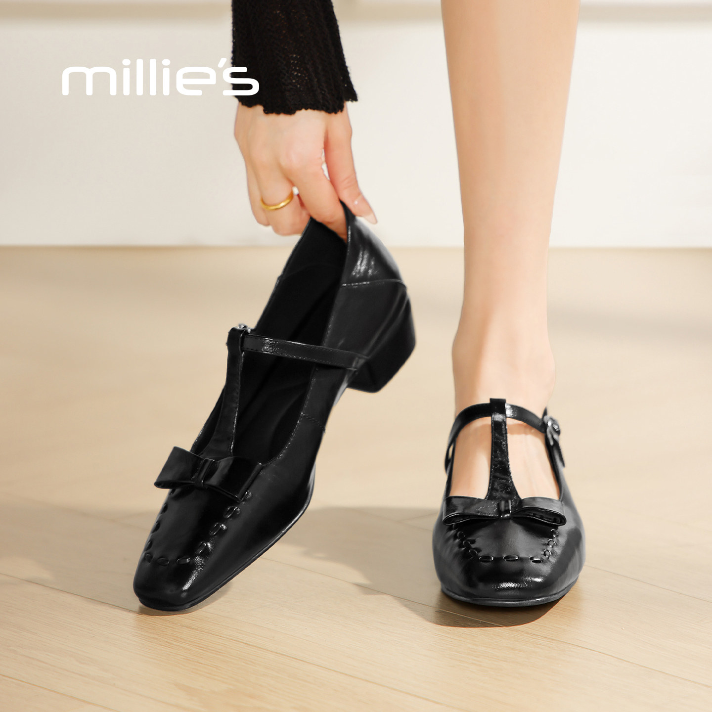 millies妙丽粗跟复古风单鞋