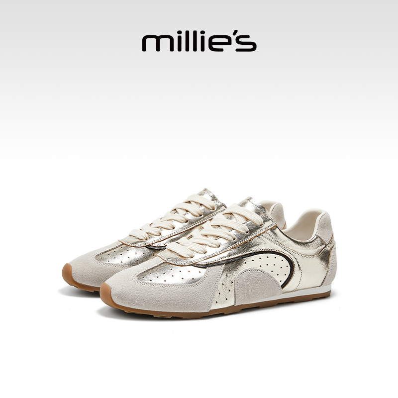 妙丽复古拼色系带休闲板鞋