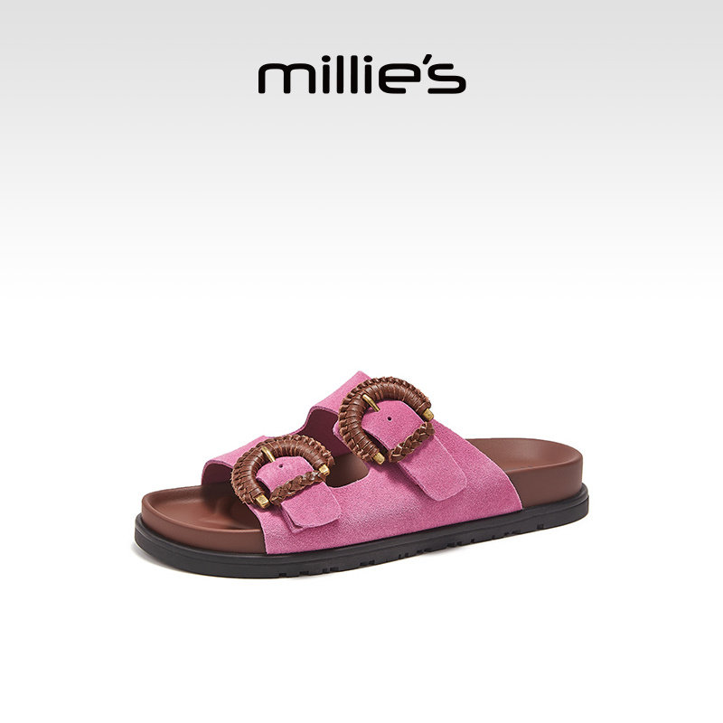 MILLIE'S/妙丽玫红双扣带勃肯鞋女春夏新款平底沙滩凉鞋外穿百搭