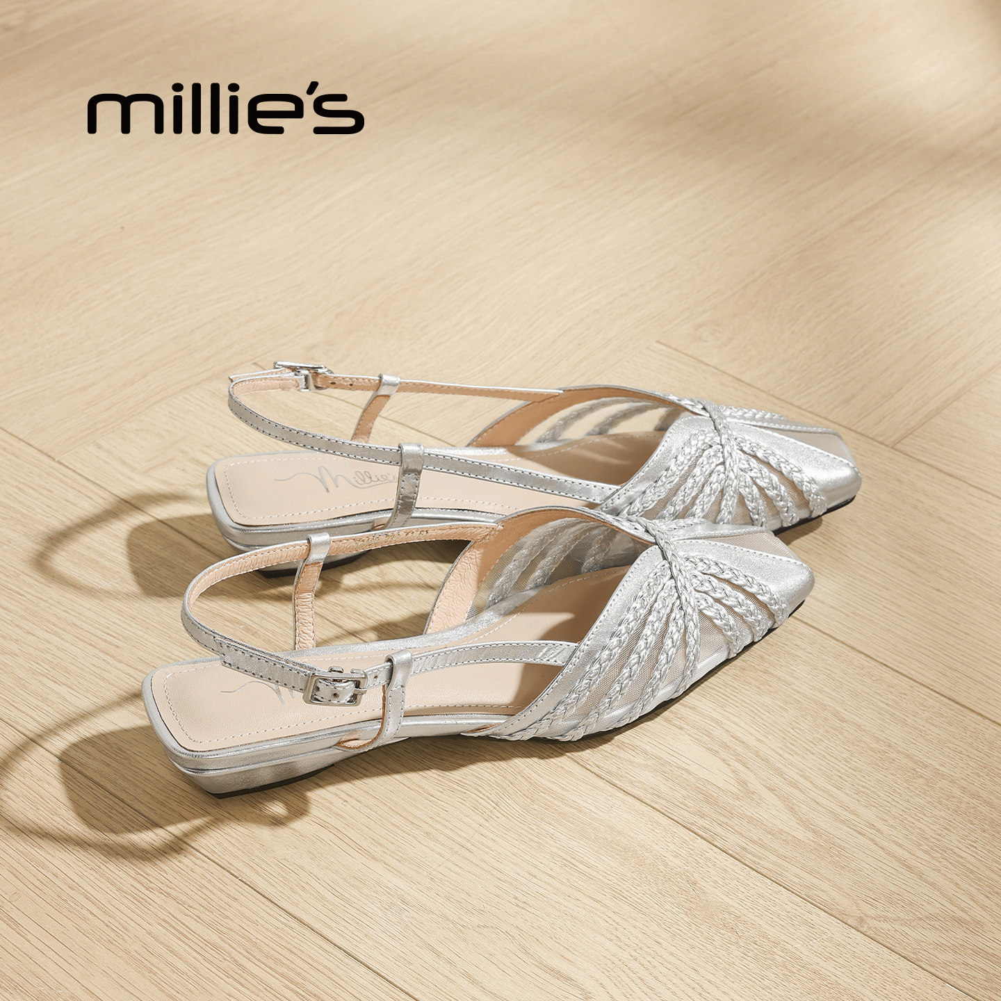 MILLIE'S/妙丽银色编织平底凉鞋尖头后空绑带罗马鞋2026夏季新款