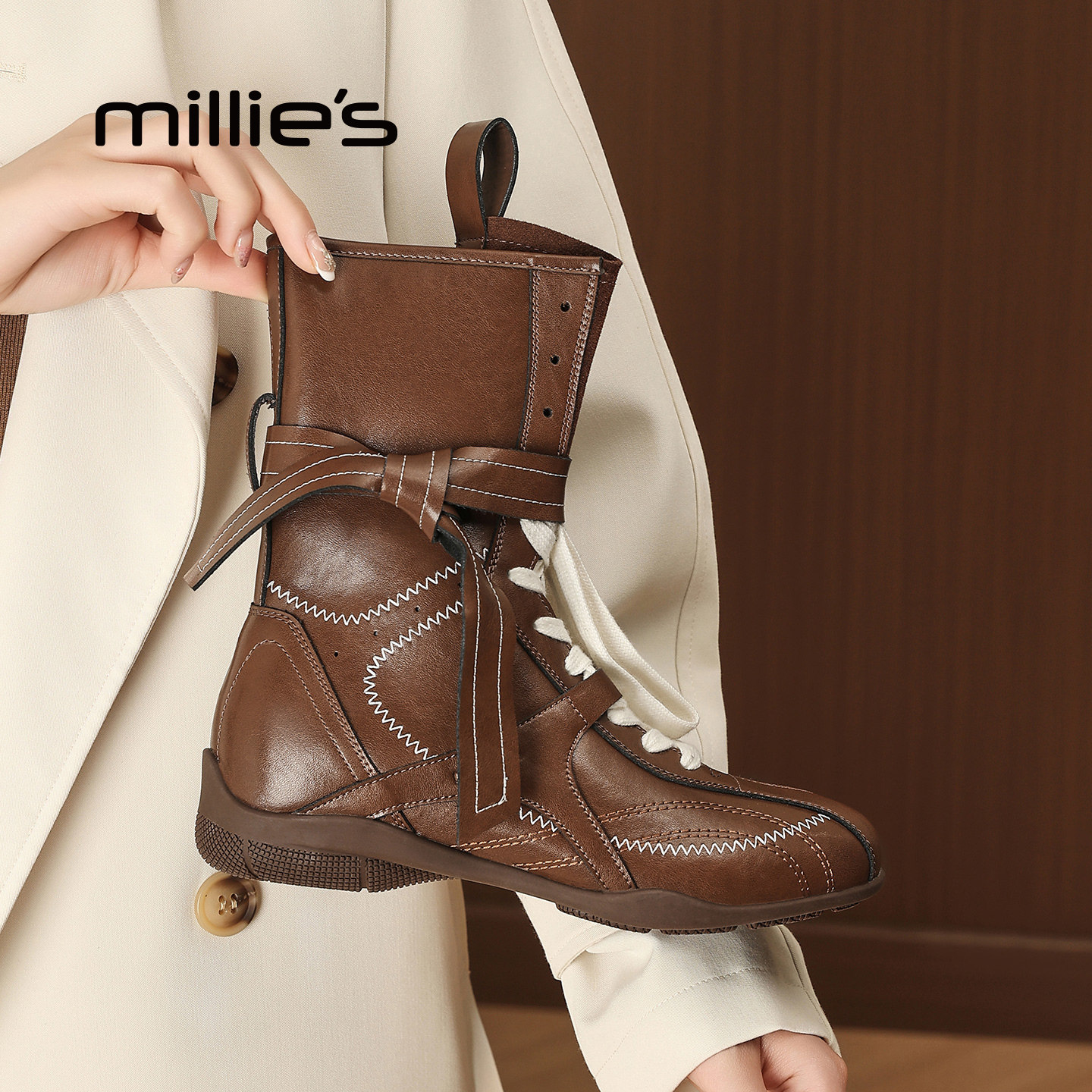 millies妙丽美拉德西部靴2026夏秋新款马丁靴内增高拳击靴猎鸭靴