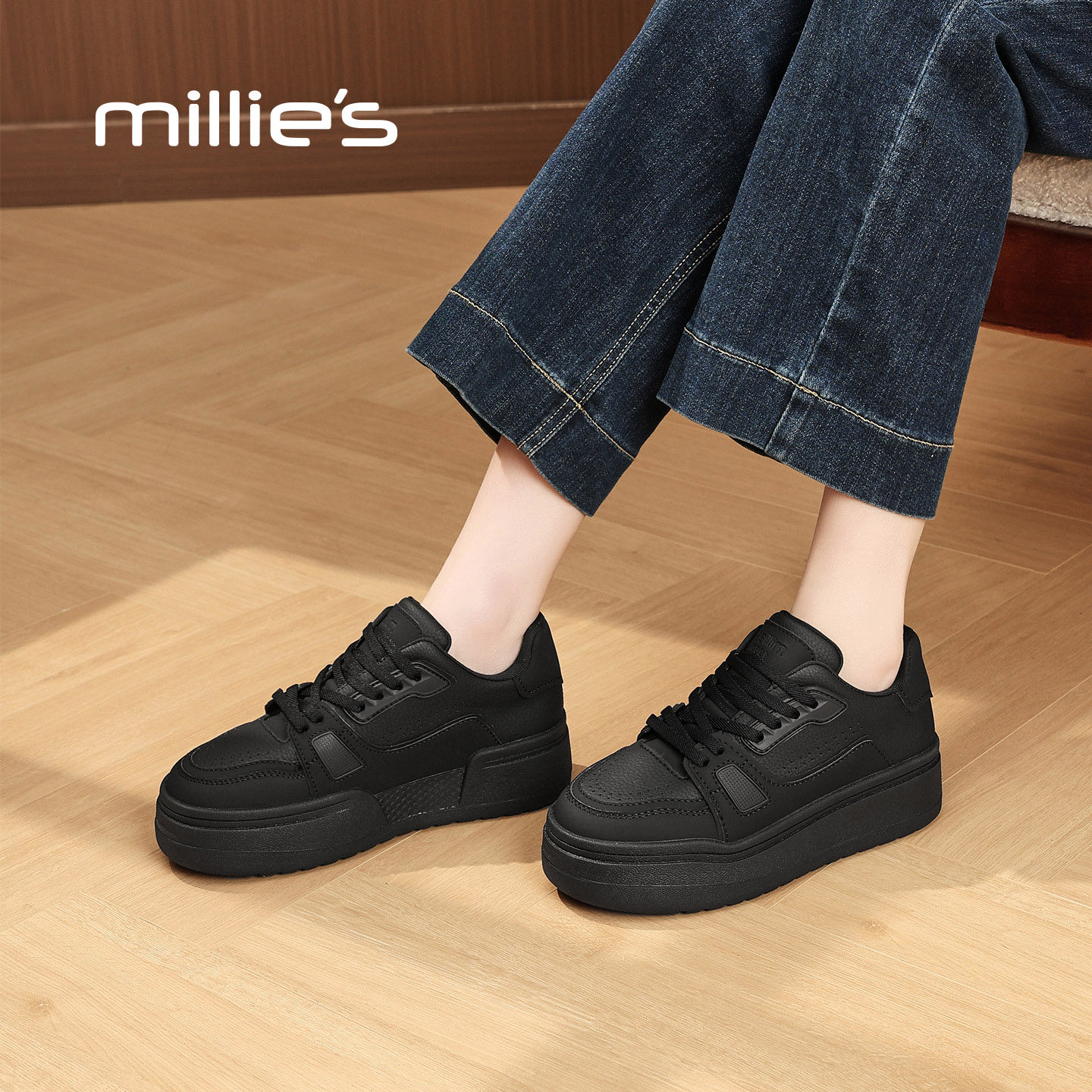 MILLIE'S/妙丽黑色厚底面包鞋女款2026春季增高深口单鞋休闲板鞋