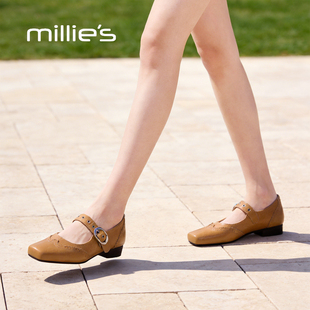 MILLIE'S/妙丽焦糖色一字扣带真皮浅口单鞋2026春款方头低跟女鞋