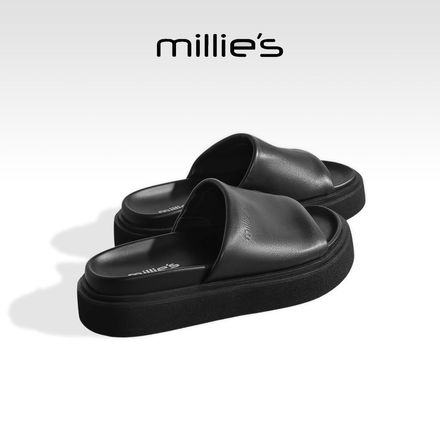 MILLIE'S/妙丽简约风黑色羊皮厚底拖鞋2026新款夏季外穿一字拖鞋