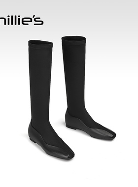 millies妙丽女鞋方头真皮长筒靴2025年秋季新款不过膝黑色弹力靴