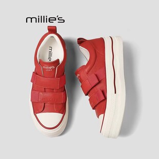 MILLIE'S/妙丽红色牛皮革帆布鞋子女款厚底休闲板鞋百搭深口单鞋