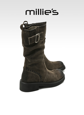 millies妙丽女鞋2025年季新款加绒短靴时尚堆堆靴复古西部骑士靴