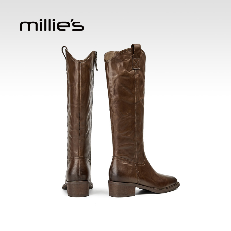 millies妙丽方头真皮加绒长筒靴