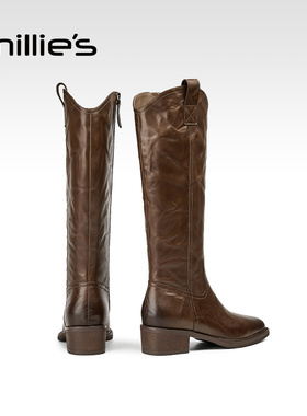 millies妙丽方头真皮加绒长筒靴2025年秋冬新款不过膝西部骑士靴