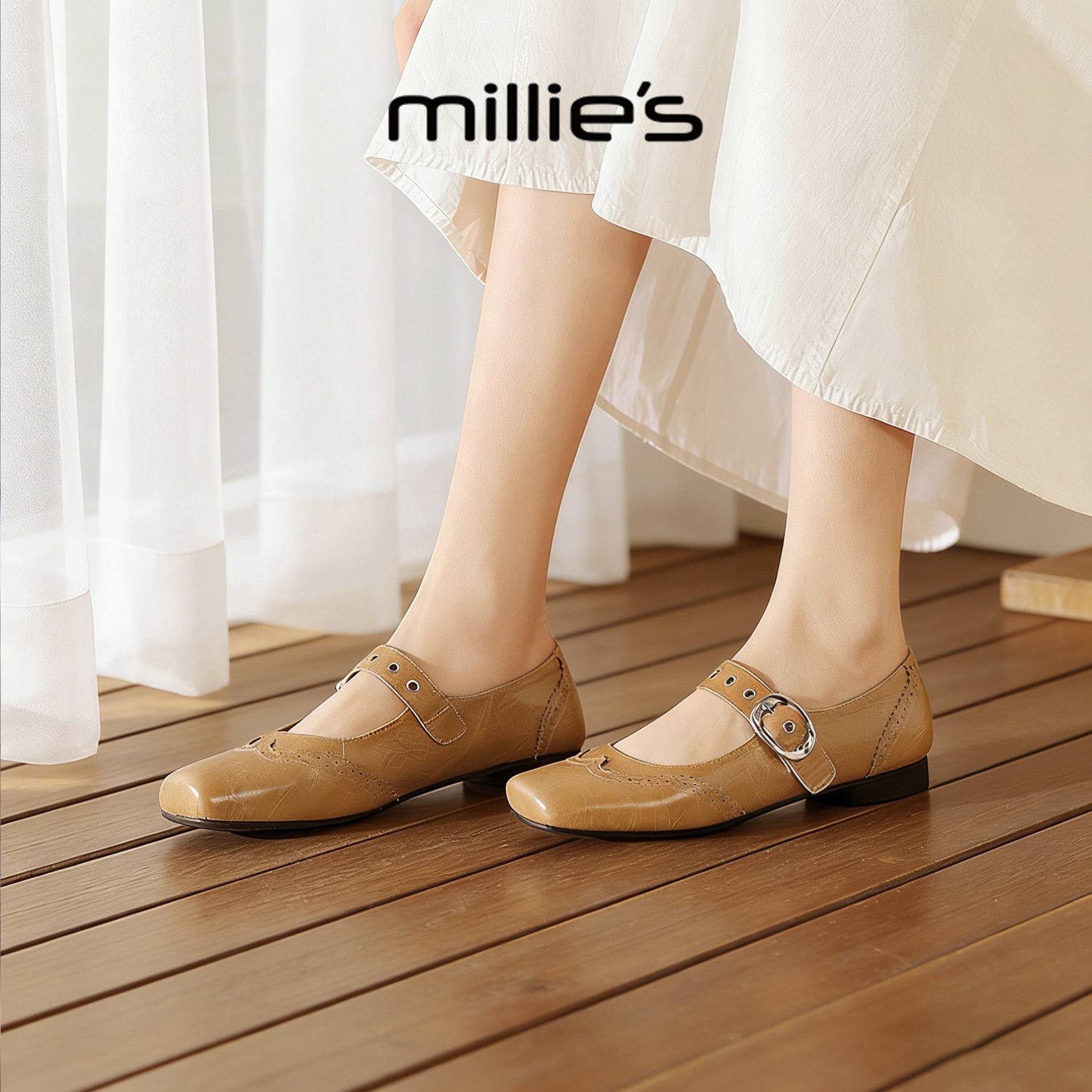 MILLIE'S/妙丽真皮玛丽珍鞋女焦糖色平底一字带优雅复古浅口单鞋,女鞋,时尚芭蕾鞋,淘宝优惠券,粉丝福利购,淘宝优惠卷
