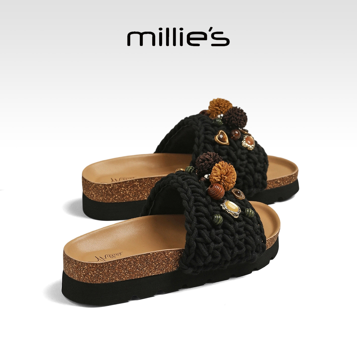 MILLIE'S/妙丽手工编织厚底拖鞋女鞋黑色休闲凉拖一字拖夏季新款